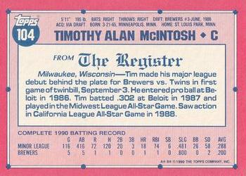 1991 Topps Major League Debut 1990 #104 Tim McIntosh Back
