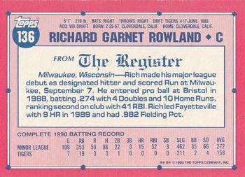 1991 Topps Major League Debut 1990 #136 Rich Rowland Back