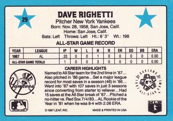 1988 Donruss All-Stars #29 Dave Righetti Back