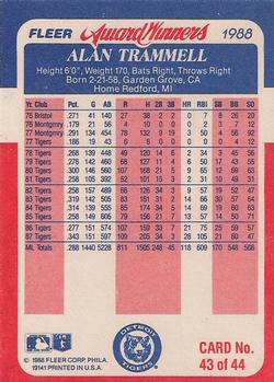 1988 Fleer Award Winners #43 Alan Trammell Back