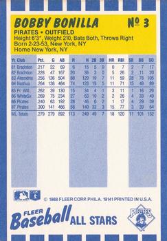 1988 Fleer Baseball All-Stars #3 Bobby Bonilla Back
