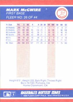 1988 Fleer Baseball's Hottest Stars #26 Mark McGwire Back