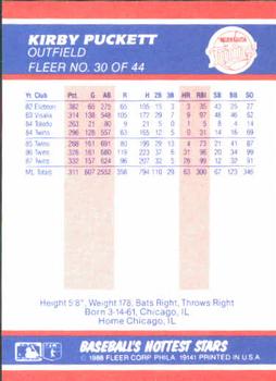 1988 Fleer Baseball's Hottest Stars #30 Kirby Puckett Back