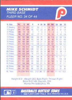 1988 Fleer Baseball's Hottest Stars #34 Mike Schmidt Back