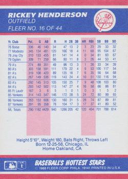 1988 Fleer Baseball's Hottest Stars #16 Rickey Henderson Back