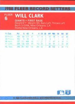 1988 Fleer Record Setters #6 Will Clark Back