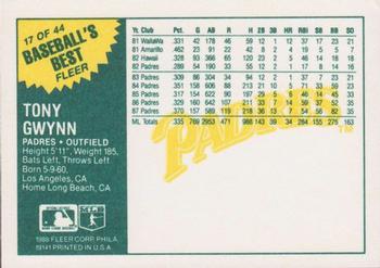 1988 Fleer Baseball's Best Sluggers vs. Pitchers #17 Tony Gwynn Back