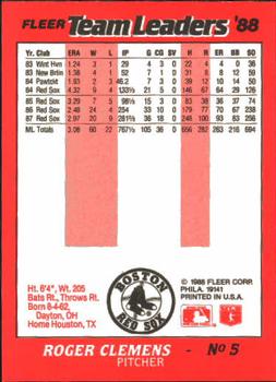 1988 Fleer Kay-Bee Team Leaders #5 Roger Clemens   Back
