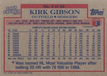 1989 Topps Cap'n Crunch #2 Kirk Gibson Back