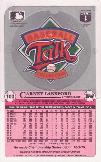 1989 Topps/LJN Baseball Talk #103 Carney Lansford Back