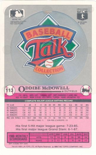 1989 Topps/LJN Baseball Talk #113 Oddibe McDowell Back