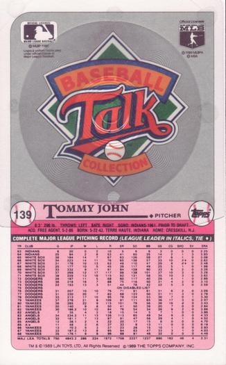1989 Topps/LJN Baseball Talk #139 Tommy John Back