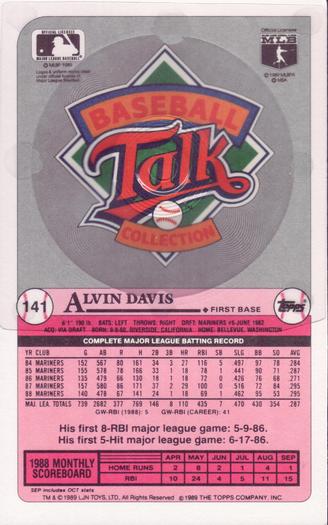 1989 Topps/LJN Baseball Talk #141 Alvin Davis Back