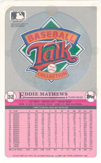 1989 Topps/LJN Baseball Talk #32 Eddie Mathews Back