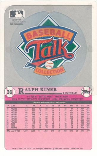 1989 Topps/LJN Baseball Talk #36 Ralph Kiner Back