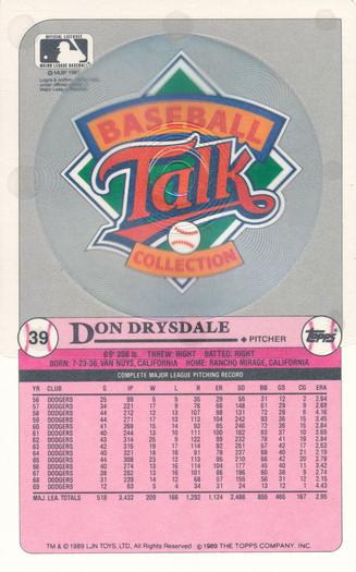 1989 Topps/LJN Baseball Talk #39 Don Drysdale Back