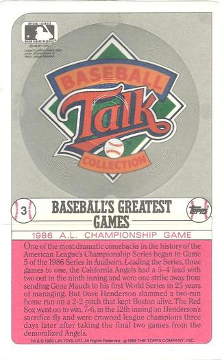 1989 Topps/LJN Baseball Talk #3 1986 A.L. Championship Game 5 Back