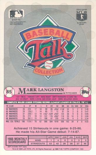 1989 Topps/LJN Baseball Talk #85 Mark Langston Back