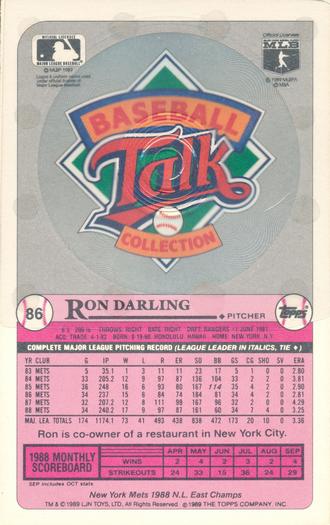 1989 Topps/LJN Baseball Talk #86 Ron Darling Back