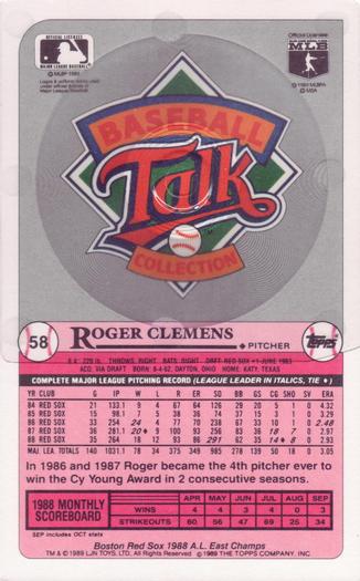 1989 Topps/LJN Baseball Talk #58 Roger Clemens Back