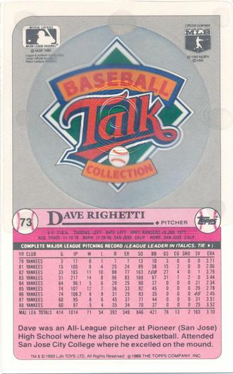 1989 Topps/LJN Baseball Talk #73 Dave Righetti Back