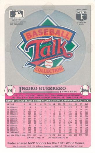 1989 Topps/LJN Baseball Talk #74 Pedro Guerrero Back