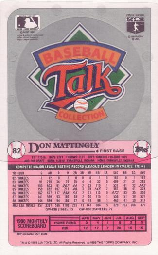 1989 Topps/LJN Baseball Talk #82 Don Mattingly Back