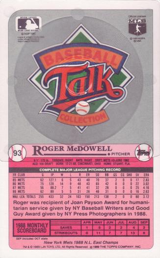 1989 Topps/LJN Baseball Talk #93 Roger McDowell Back