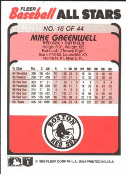1989 Fleer Baseball All-Stars #16 Mike Greenwell  Back