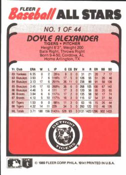 1989 Fleer Baseball All-Stars #1 Doyle Alexander  Back