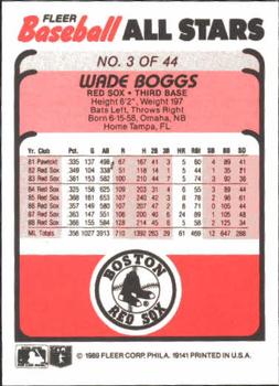 1989 Fleer Baseball All-Stars #3 Wade Boggs  Back