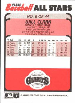 1989 Fleer Baseball All-Stars #6 Will Clark  Back