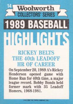 1990 Topps Woolworth Baseball Highlights #14 Rickey Henderson Back