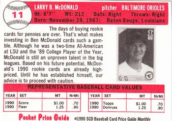 1990 SCD Baseball Card Price Guide Monthly #11 Ben McDonald Back