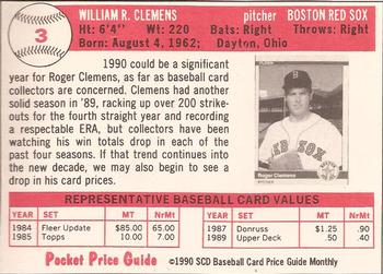1990 SCD Baseball Card Price Guide Monthly #3 Roger Clemens Back