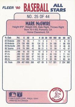 1990 Fleer Baseball All-Stars #25 Mark McGwire Back