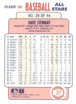 1990 Fleer Baseball All-Stars #39 Dave Stewart Back