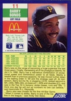 1990 Score McDonald’s #11 Barry Bonds  Back
