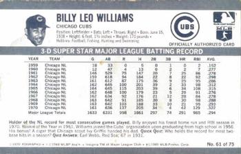 1971 Kellogg's 3-D Super Stars #61 Billy Williams  Back