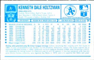 1974 Kellogg's 3-D Super Stars #31 Ken Holtzman  Back