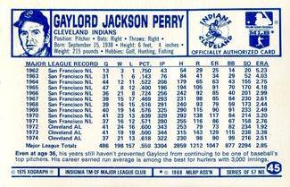 1975 Kellogg's 3-D Super Stars #45 Gaylord Perry  Back