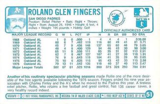 1977 Kellogg's 3-D Super Stars #51 Rollie Fingers Back