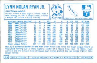 1978 Kellogg's 3-D Super Stars #51 Nolan Ryan Back