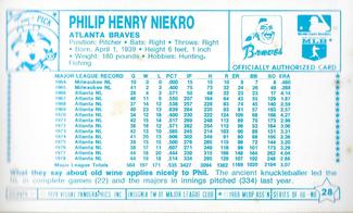 1979 Kellogg's 3-D Super Stars #28 Phil Niekro Back