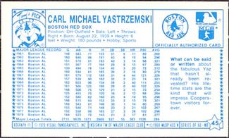 1979 Kellogg's 3-D Super Stars #45 Carl Yastrzemski Back