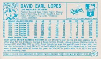 1979 Kellogg's 3-D Super Stars #52 Davey Lopes Back