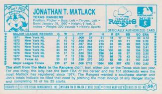 1979 Kellogg's 3-D Super Stars #58 Jon Matlack Back