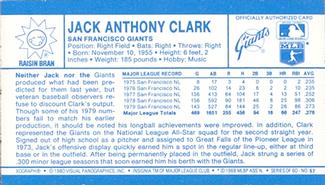 1980 Kellogg's 3-D Super Stars #57 Jack Clark Back