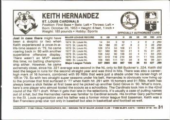 1981 Kellogg's 3-D Super Stars #31 Keith Hernandez Back