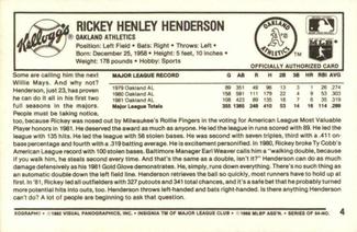 1982 Kellogg's 3-D Super Stars #4 Rickey Henderson Back